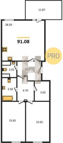 Двухкомнатная квартира 91.08 м²