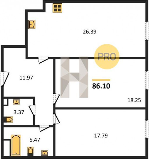 Двухкомнатная квартира 86.1 м²