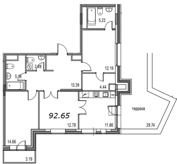 Трёхкомнатная квартира 93.02 м²