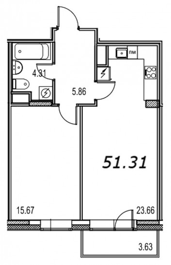 Однокомнатная квартира 51.46 м²