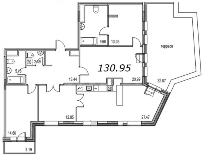 Трёхкомнатная квартира 130.52 м²