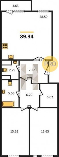 Двухкомнатная квартира 89.34 м²