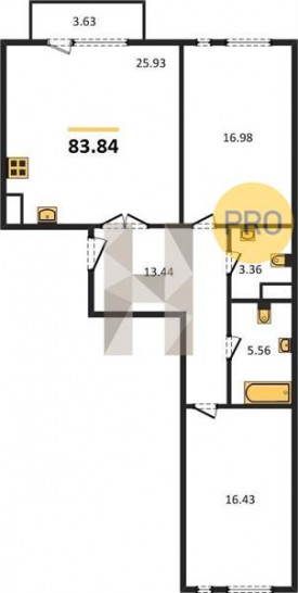 Двухкомнатная квартира 83.84 м²