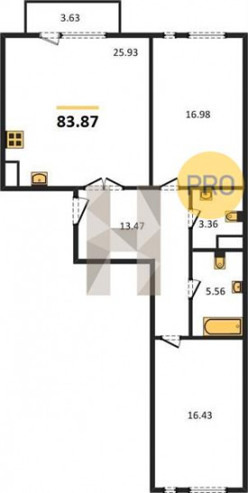 Двухкомнатная квартира 83.87 м²