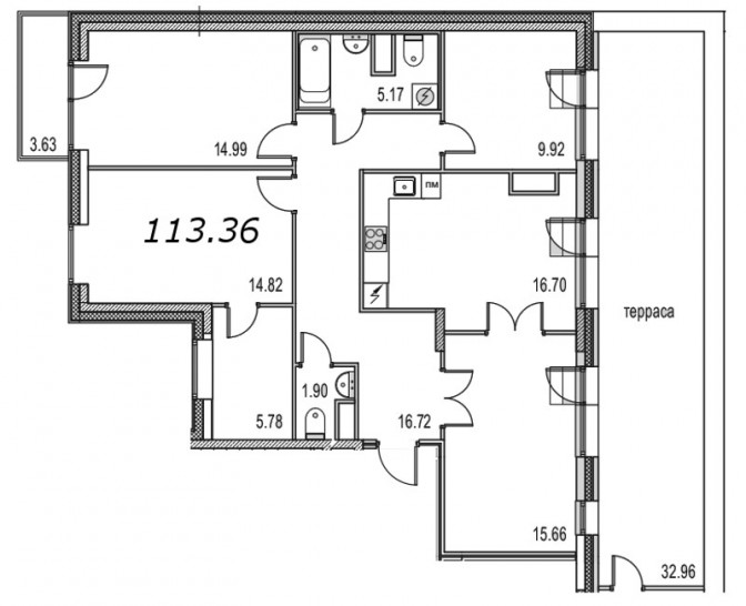 Четырёхкомнатная квартира 118.69 м²