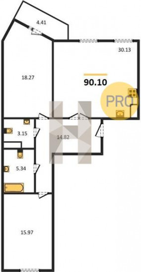 Двухкомнатная квартира 90.1 м²