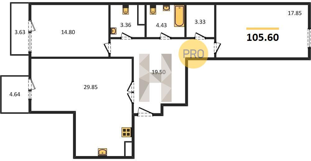 Двухкомнатная квартира 105.6 м²