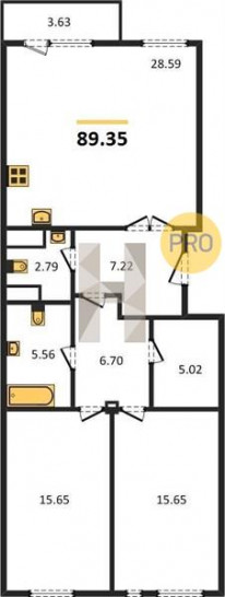 Двухкомнатная квартира 89.35 м²
