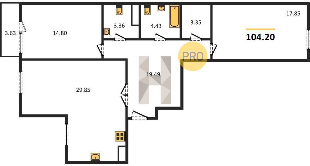 Двухкомнатная квартира 104.2 м²