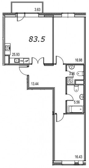Двухкомнатная квартира 83.84 м²