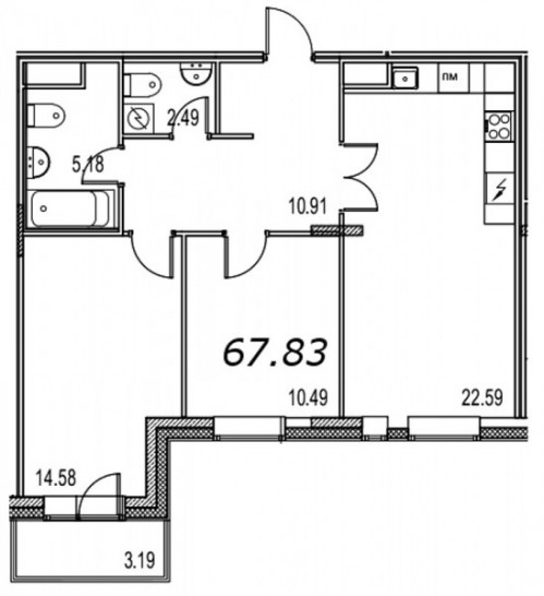 Двухкомнатная квартира 68.03 м²